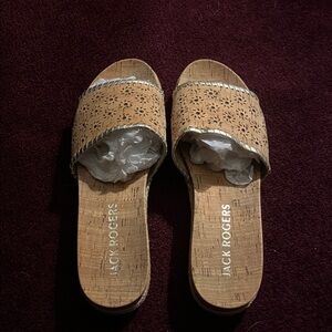 Jack Rogers cork slide on sandals.